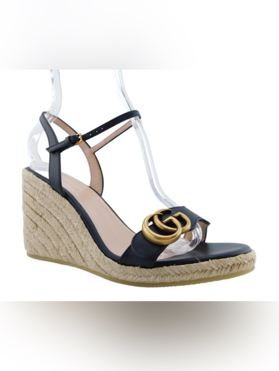 Gucci Shoes - NWT Gucci Aitana Black Leather Espadrille Wedge Sandals w Gold GG Size 4.5/ 34.5